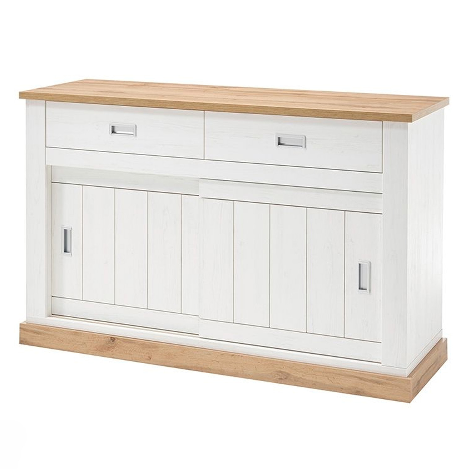 Madia Credenza Mobile Soggiorno Con 2 Cassetti E 2 Ante Scorrevoli 4 Ripiani Interni Design Minimal Shabby 150 x 50 x 95.5 Cm Colore Bianco E Rovere