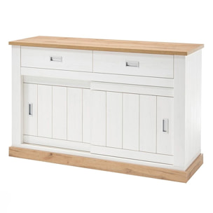Madia Credenza Mobile Soggiorno Con 2 Cassetti E 2 Ante Scorrevoli 4 Ripiani Interni Design Minimal Shabby 150 x 50 x 95.5 Cm Colore Bianco E Rovere