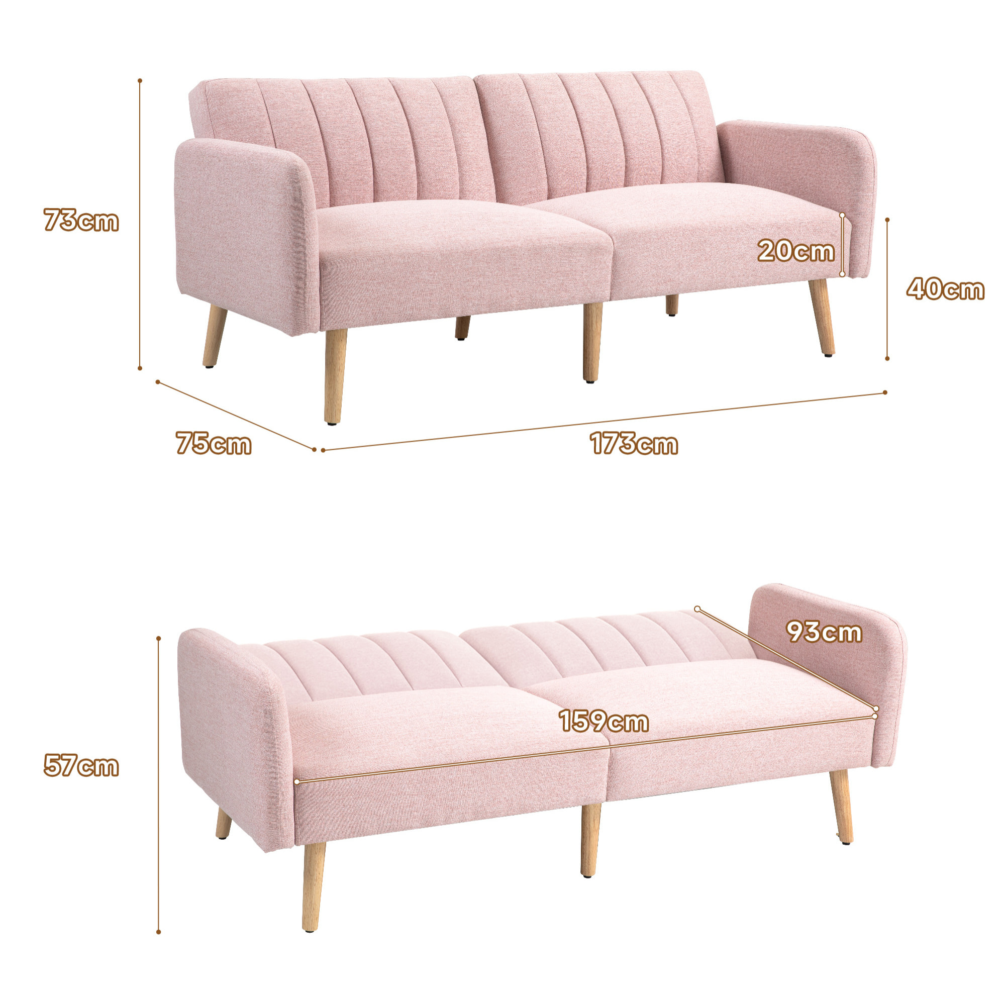 Sofá Cama de 2 Plazas Moderno Sofá Cama Plegable Tapizado en Lino Sintético con Respaldo Ajustable en 3 Niveles y Reposabrazos Desmontables para Salón Oficina 173x75x73 cm Rosa