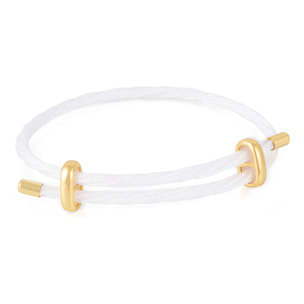 Pack de 3 pulseras multihebra entrelazada de hilo de nylon blanco, rojo y azul con cierre cruzado de cobre dorado.