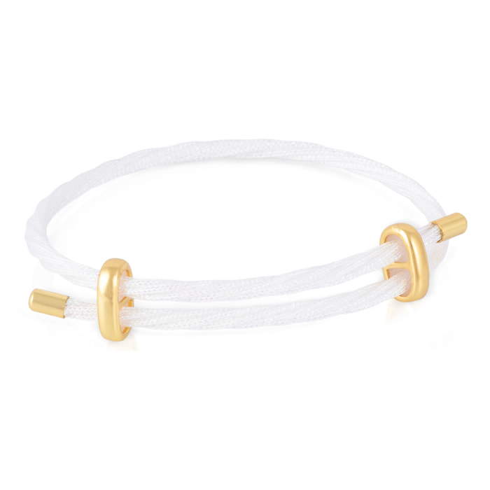 Pack de 3 pulseras multihebra entrelazada de hilo de nylon blanco, rojo y azul con cierre cruzado de cobre dorado.