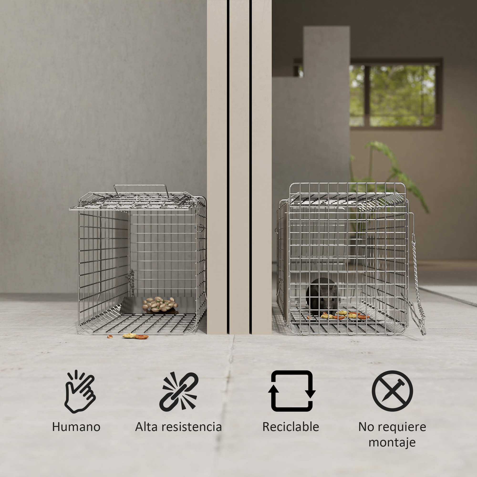 Trampa para Animales Vivos Plegable 66x24x30,5 cm Jaula de Captura de Alambre con Puerta y Asa para Conejos Ratas Roedores Plata