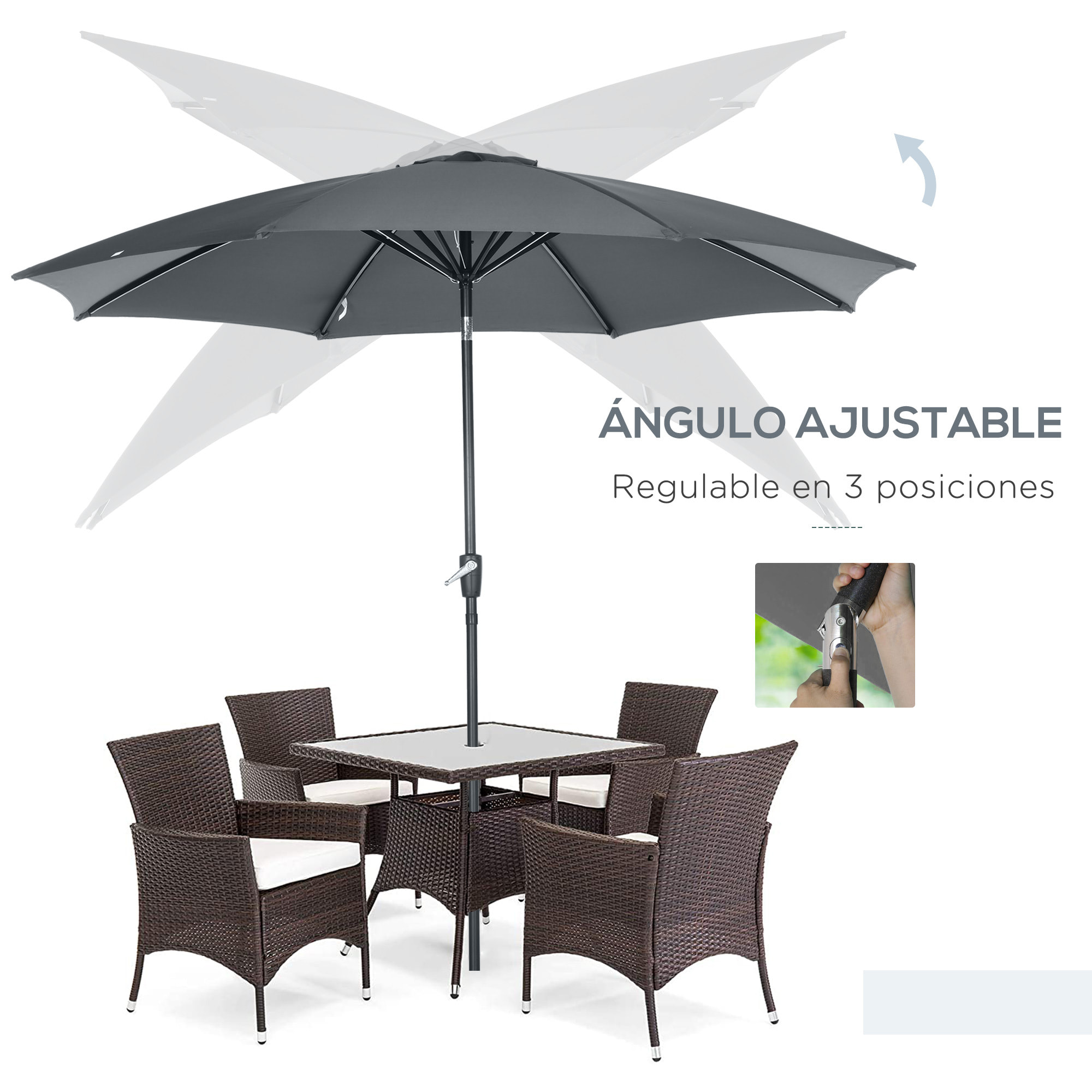 Sombrilla de Jardín Ø300x240 cm Parasol de Terraza con Manivela Techo Inclinable y 8 Varillas de Metal para Patio Balcón Exterior Gris