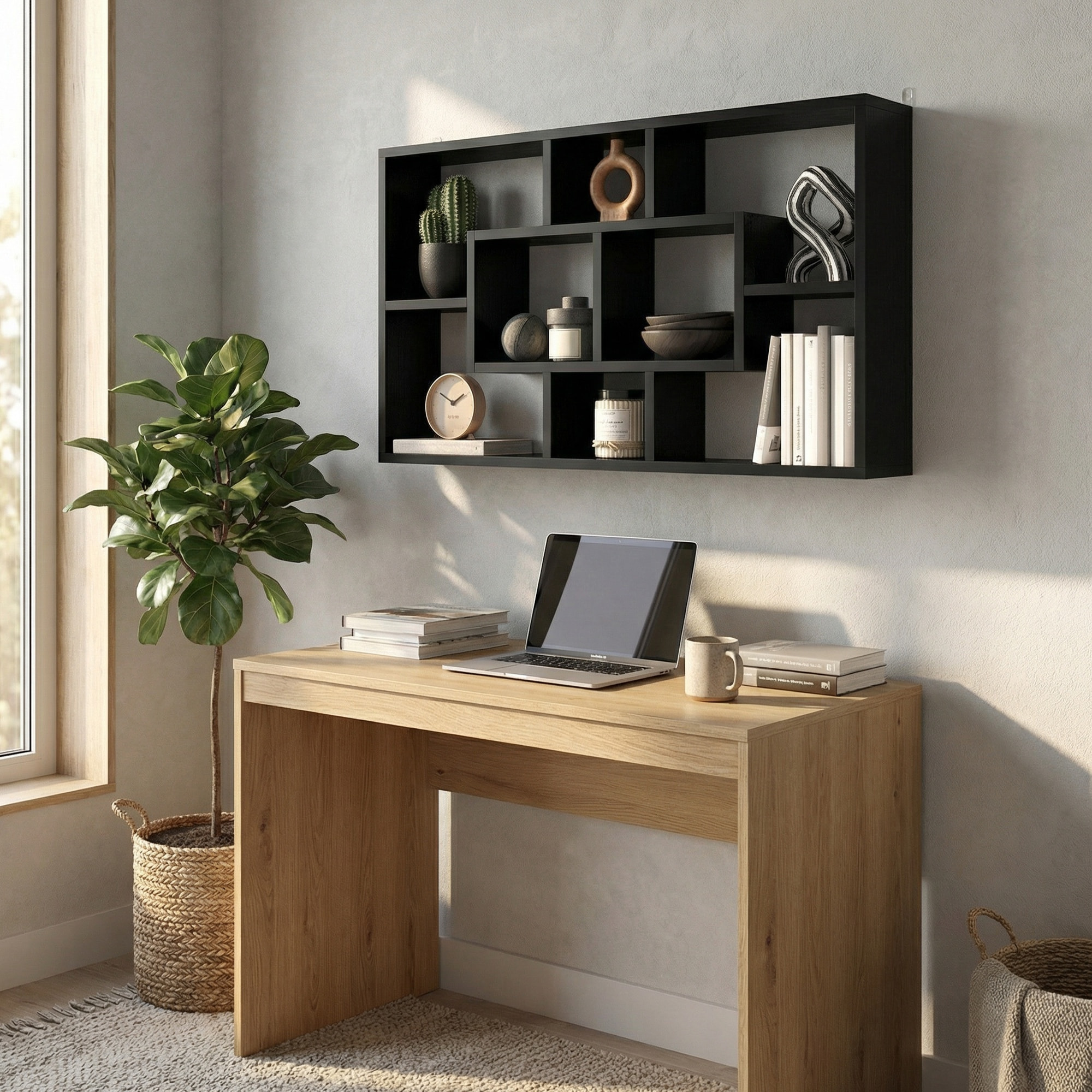 Estante de Pared Decorativo, Estantería para Libro, CDs, Baldas Flotantes con 8 Cubos, 85x14,5x47,5 cm, Carga 20kg, para Oficina, Estudio, Salón, Negro