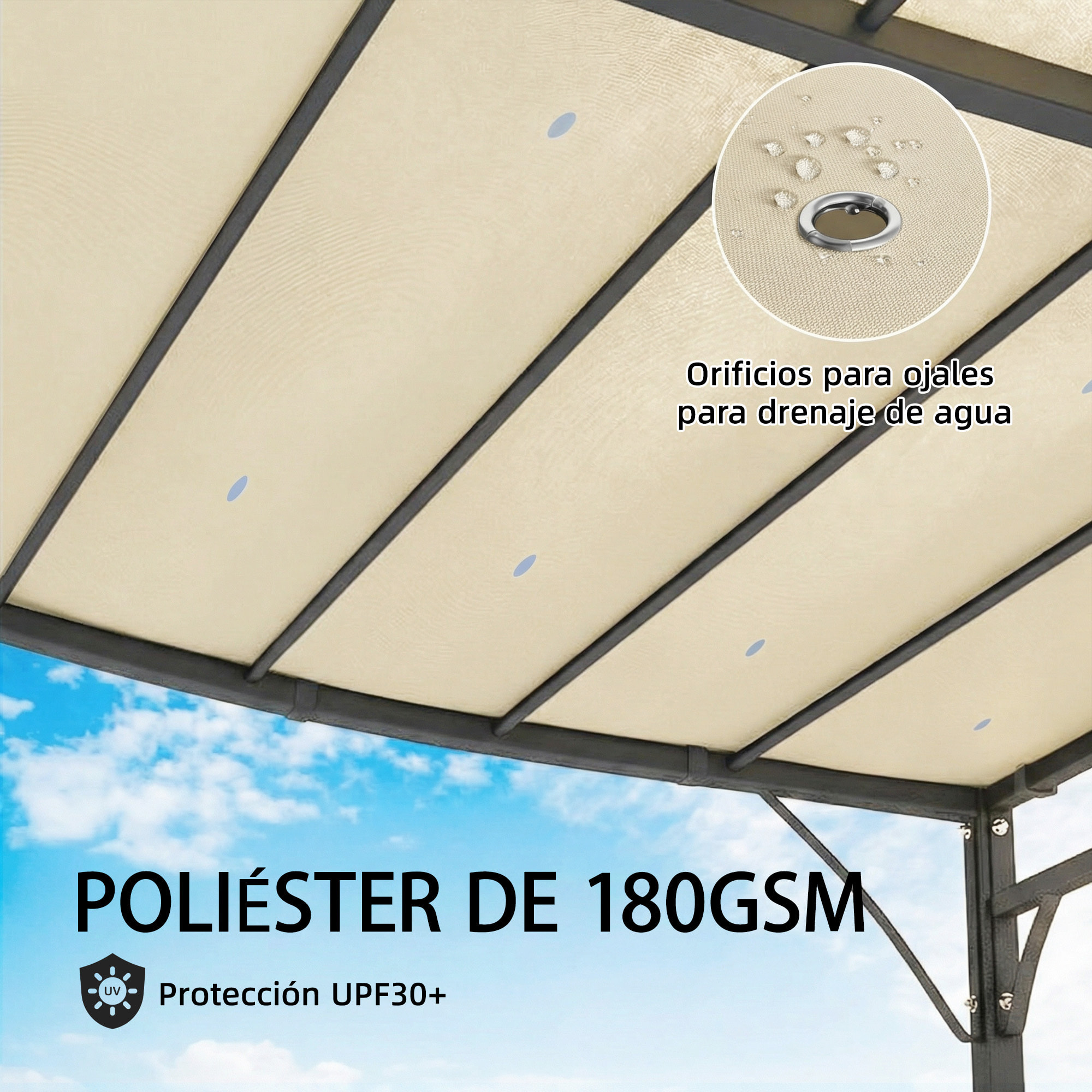 Pérgola de Pared de Jardín 2,5x3,5 m, Cenador de Jardín con Techo Inclinado, Orificios de Drenaje y Estructura Metálica Resistente, UPF30, Gazebo para Patio, Terraza, Balcón, Blanco Crema