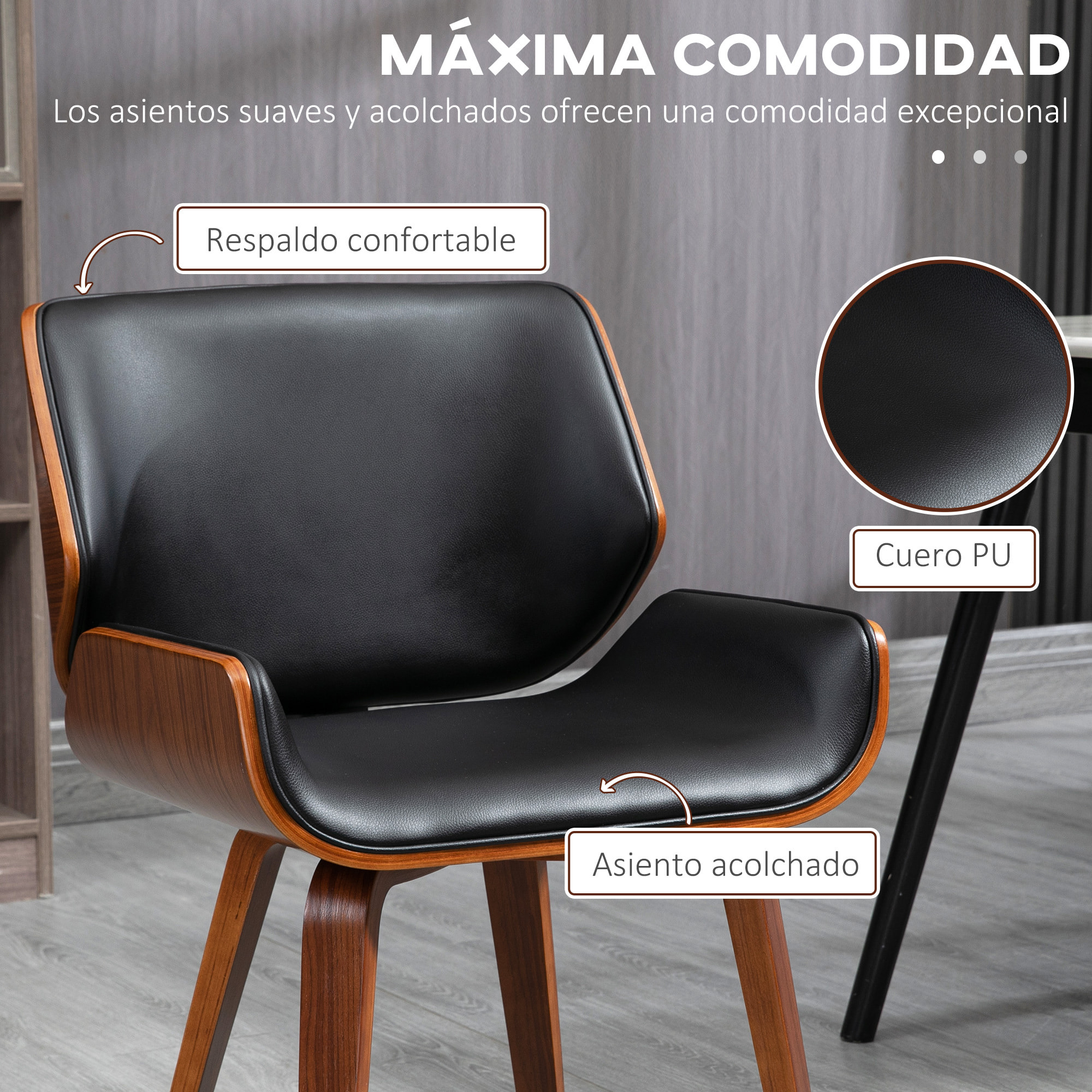 Pack de 2 Sillas de Comedor Tapizadas en Cuero Sintético, Sillas de Cocina con Asiento, Respaldo Curvados y Acolchados, Patas de Madera, Negro