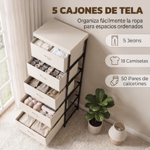 HOMCOM Cómoda con 5 Cajones de Tela, Cómoda para Dormitorio, Marco de Acero, Montaje Rápido, Cajonera para Salón, Oficina, Vestidor, Beige
