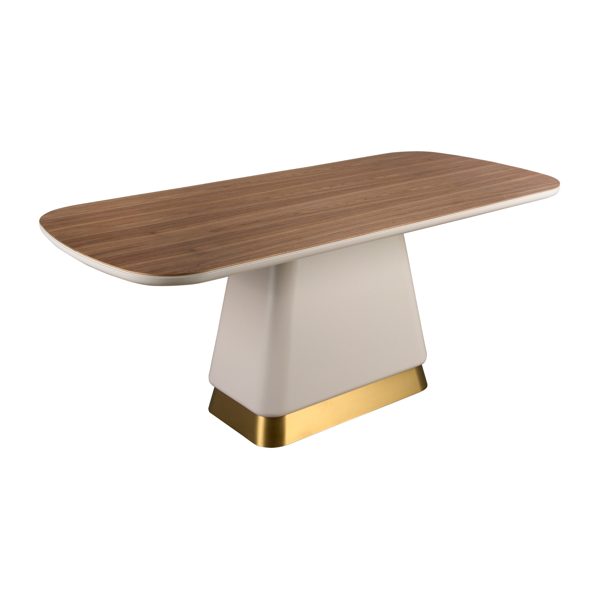 Mesa comedor rectangular con tapa fija de madera chapada en nogal natural patas de madera de MDF en beige y base de acero inoxidable pulido en dorado 200x95x76cm