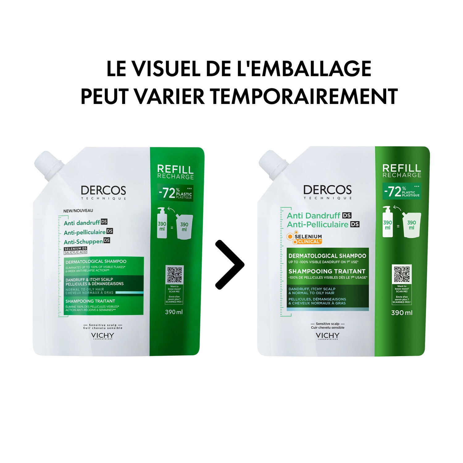 Dercos - Éco-Recharge Shampooing Traitant Pellicules & Démangeaisons Cheveux Normaux à Gras