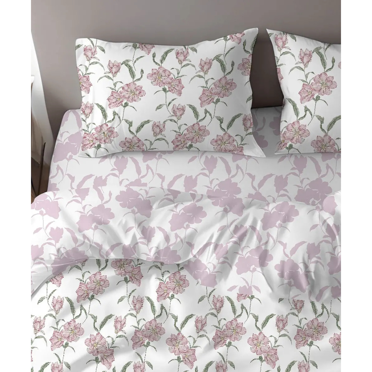 Parure Copripiumino Magnolia Rosa per letto singolo in 100% Cotone e Made in Italy, moderno floreale