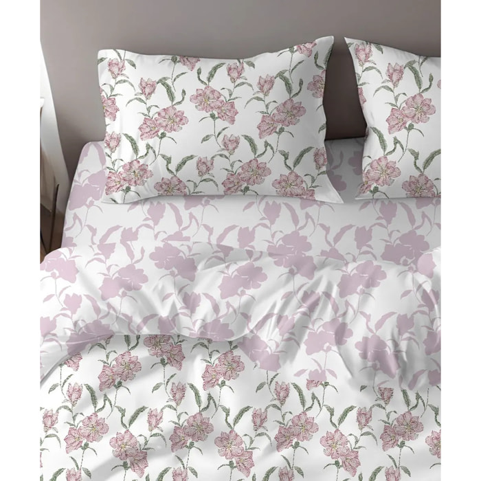 Parure Copripiumino Magnolia Rosa per letto singolo in 100% Cotone e Made in Italy, moderno floreale