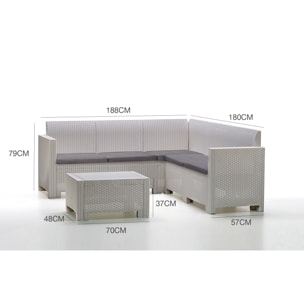 Set salotto da esterno Eris, Set da giardino con cuscini, Salottino indoor e outdoor effetto rattan, 100% Made in Italy, Bianco