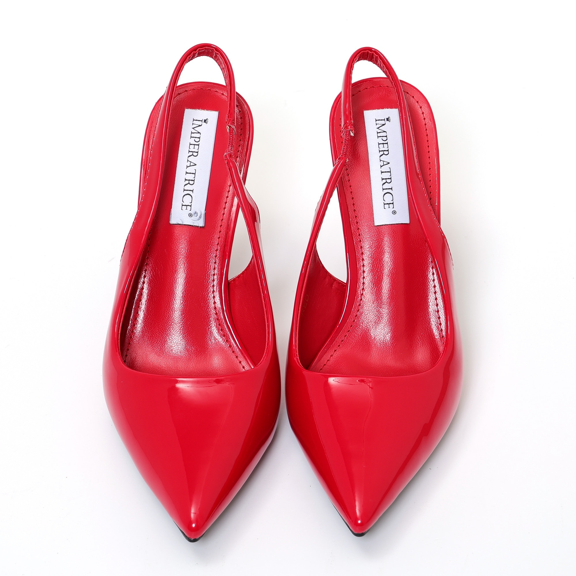 Dècolletè slingback in simil pelle verniciata con tacco a rocchetto tondo