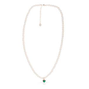 Collar de plata de ley 925 con cuentas de perla y colgante de corazón de cicón verde con cierre de resorte.