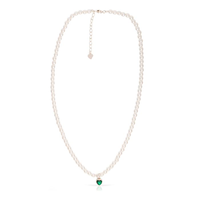 Collar de plata de ley 925 con cuentas de perla y colgante de corazón de cicón verde con cierre de resorte.