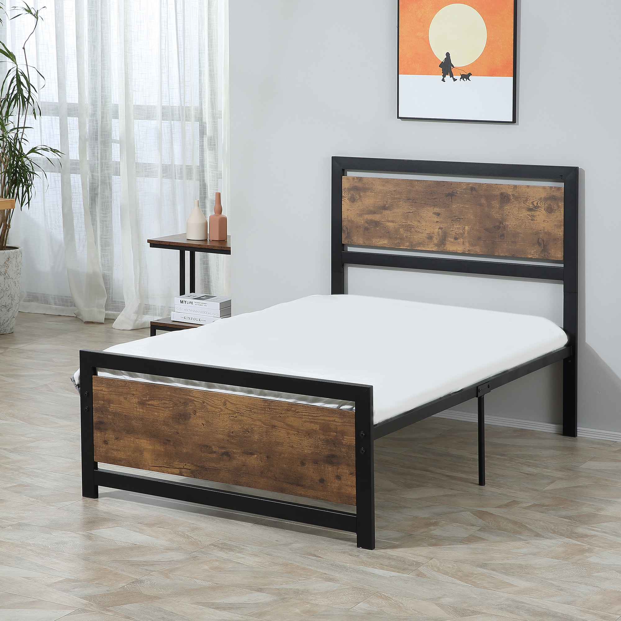 Marco de Cama de Acero Estructura de Cama Somier con Cabecera para Colchón 90x190 cm Carga 150 kg 97x195x103 cm Negro y Marrón