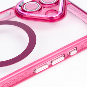Carcasa transparente con cámara cubierta y bordes fucsia. Magsafe para iPhone 17.
