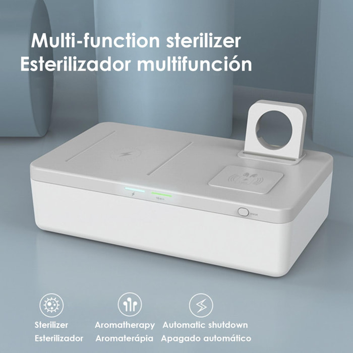 5 en 1: Cargador múltiple Qi con caja esterilizadora UV y aromaterapia