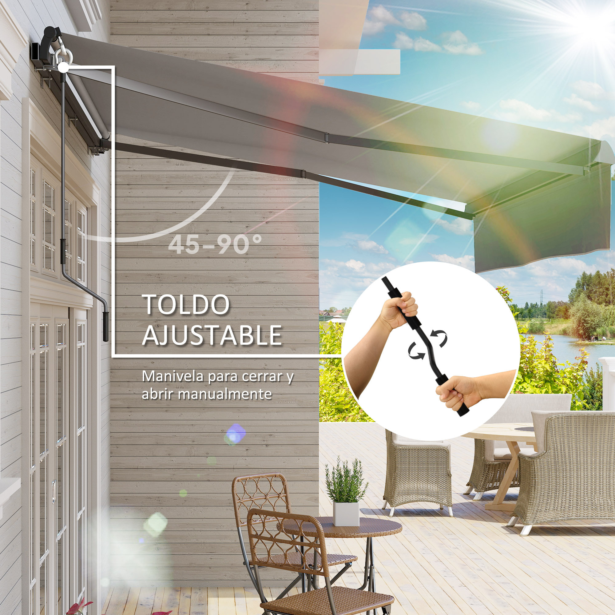 Toldo Manual Retráctil 3x2 m Toldo Exterior Terraza Enrollable Ajustable con Manivela Protección UV50+ Estructura de Aluminio y Metal para Balcón Jardín Gris