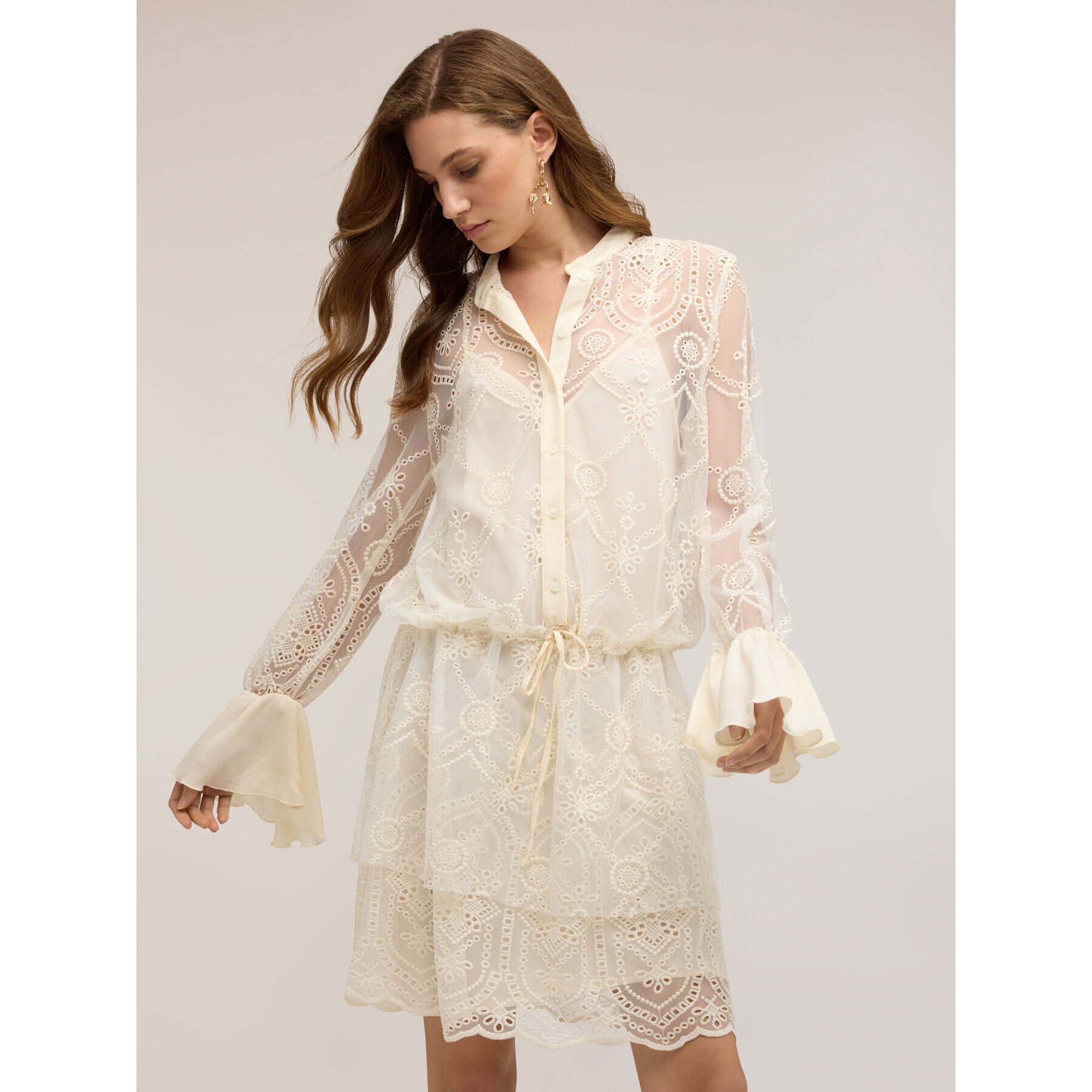 Motivi - Vestito chemisier in tulle ricamato - Bianco