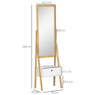 Miroir sur pied avec rangement tiroir en bambou et MDF - dim. 45L x 30l x 160H cm - blanc et naturel