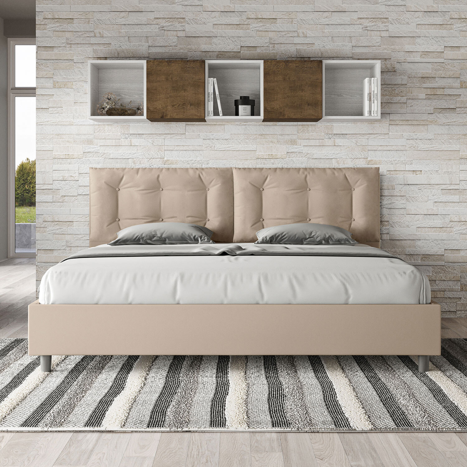 Cama matrimonial con somier acolchada 200x200 cuero sintético gris paloma Annalisa Large