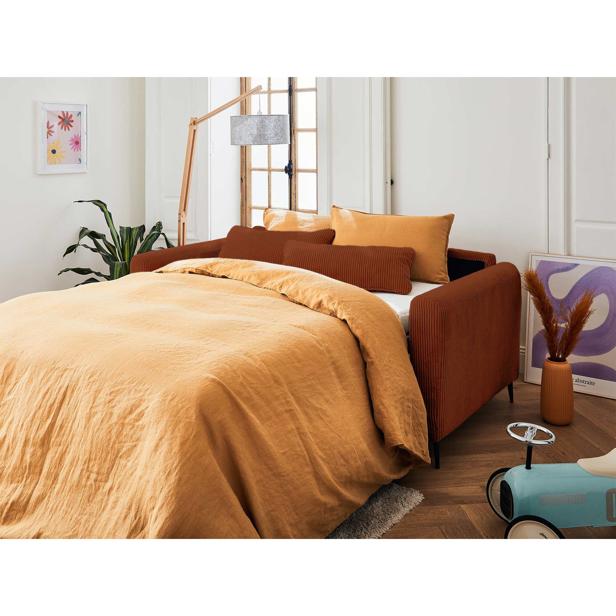 Owen - canapé lit 3 places convertible express couchage quotidien 140 cm matelas 12 cm en velours côtelé - Terracotta