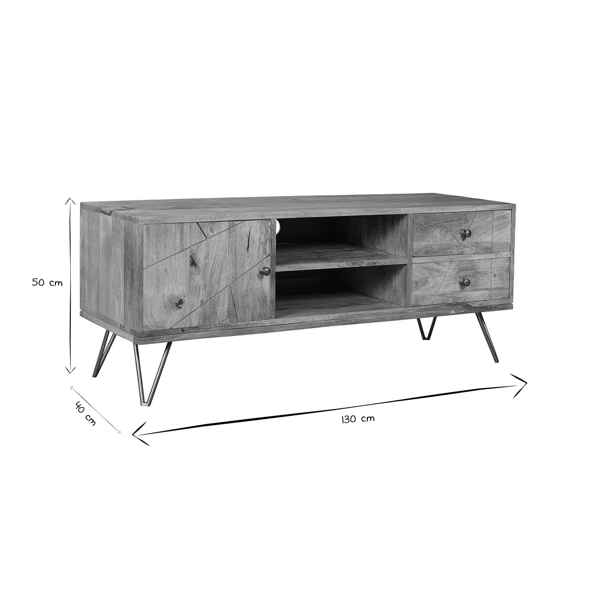Meuble TV gravé en bois manguier massif et métal L130 LINIUM
