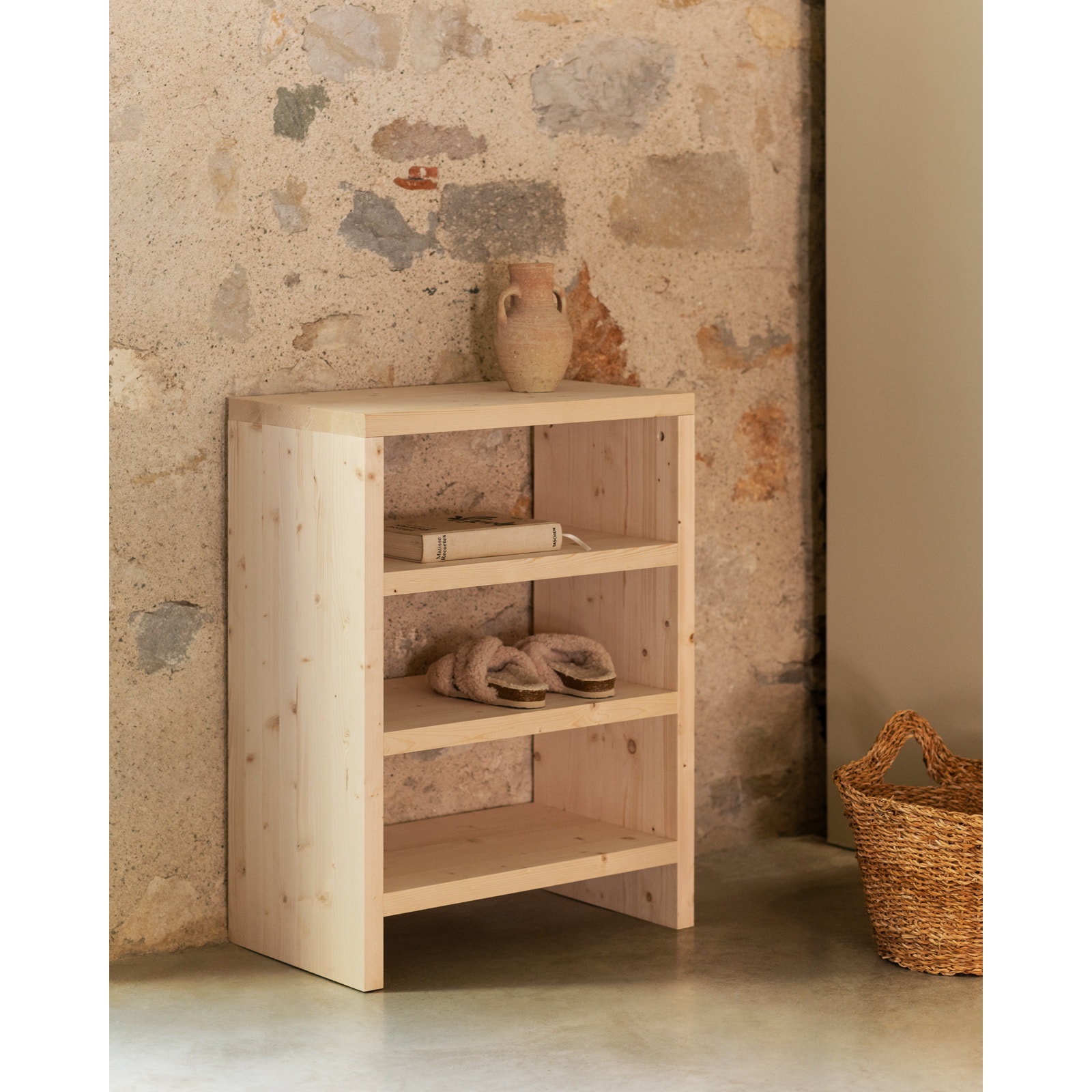 Étagère à chaussures en bois massif ton naturel 80x60cm Hauteur: 80 Longueur: 60 Largeur: 35
