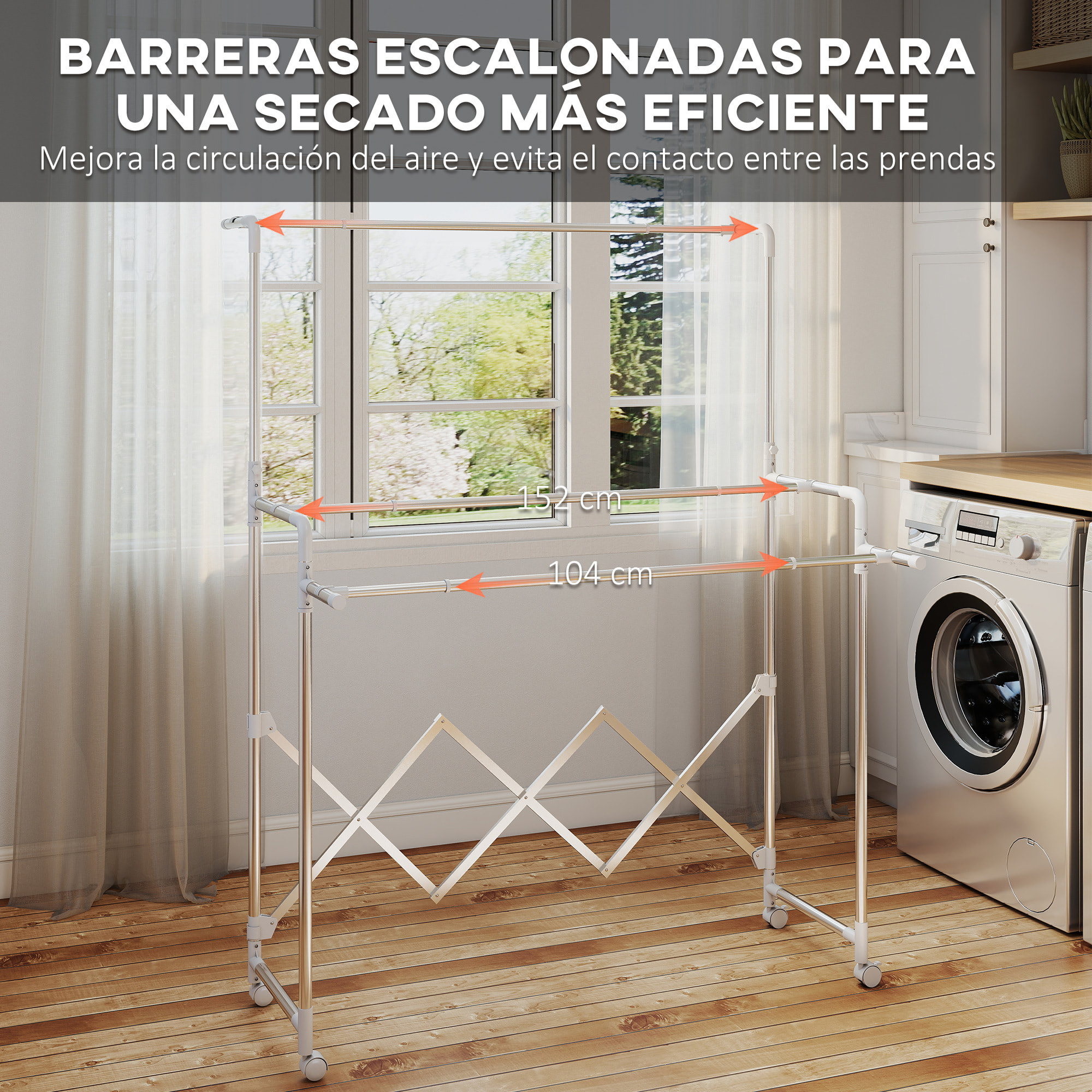 Tendedero Vertical Plegable de 3 Niveles, Tendedero de Acero Inoxidable con 3 Barras Ajustables y Extensibles, 4 Ruedas, para Interior, Plata