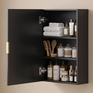 Armoire murale de salle de bain - porte, 2 étagères - poignée métal doré MDF noir