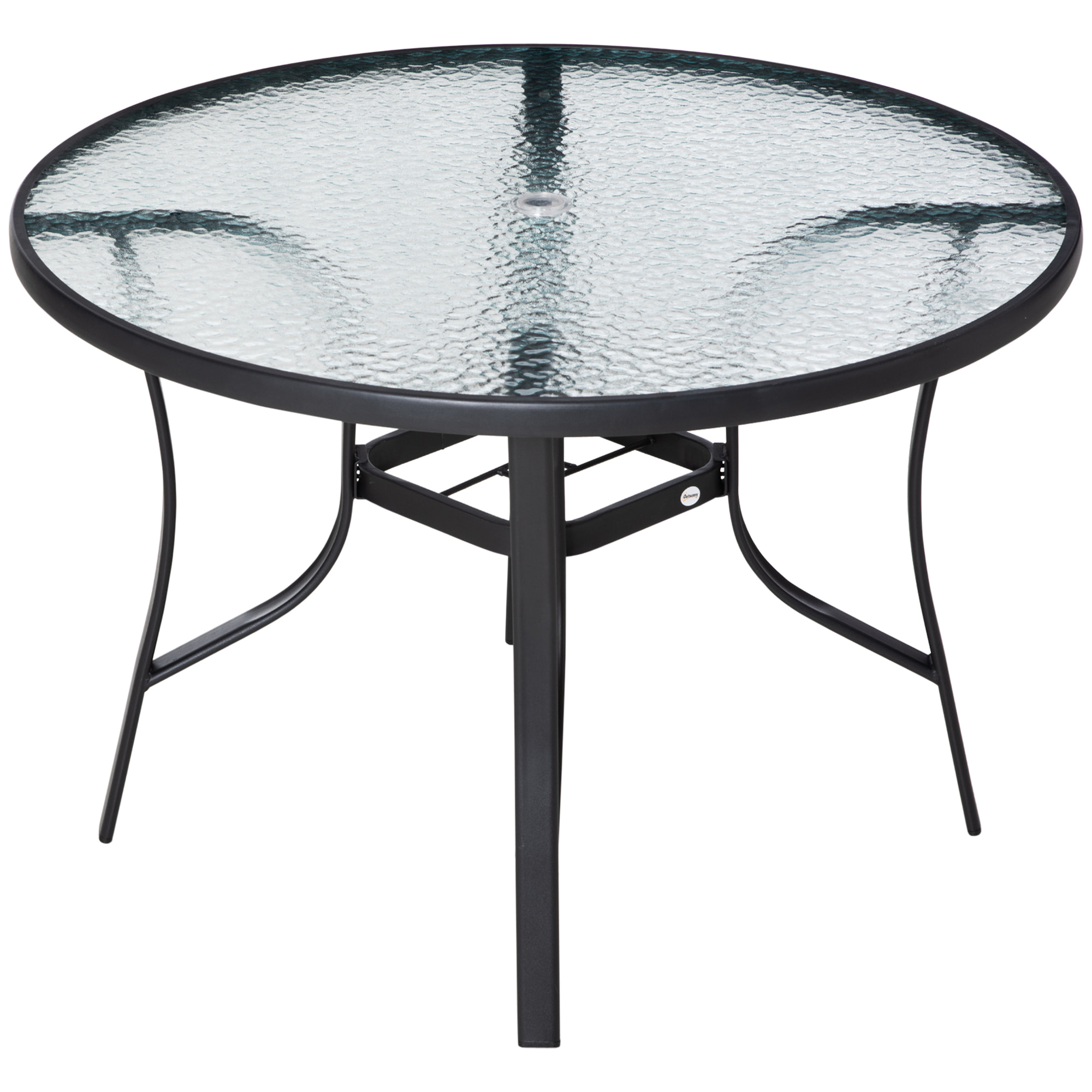 Mesa de Cristal de Jardín con Agujero para Sombrilla Mesa para Comer Redonda con Marco de Acero para Exterior Terraza Balcón Ø106,5x71 cm Negro