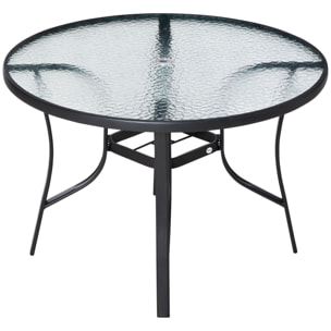 Mesa de Cristal de Jardín con Agujero para Sombrilla Mesa para Comer Redonda con Marco de Acero para Exterior Terraza Balcón Ø106,5x71 cm Negro