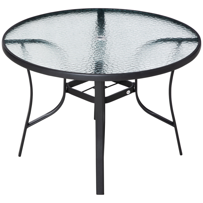 Mesa de Cristal de Jardín con Agujero para Sombrilla Mesa para Comer Redonda con Marco de Acero para Exterior Terraza Balcón Ø106,5x71 cm Negro