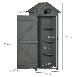 Armoire abri de jardin remise pour outils 3 étagères 2 portes loquets toit pente bitumé 77L x 54l x 179H cm sapin traité gris