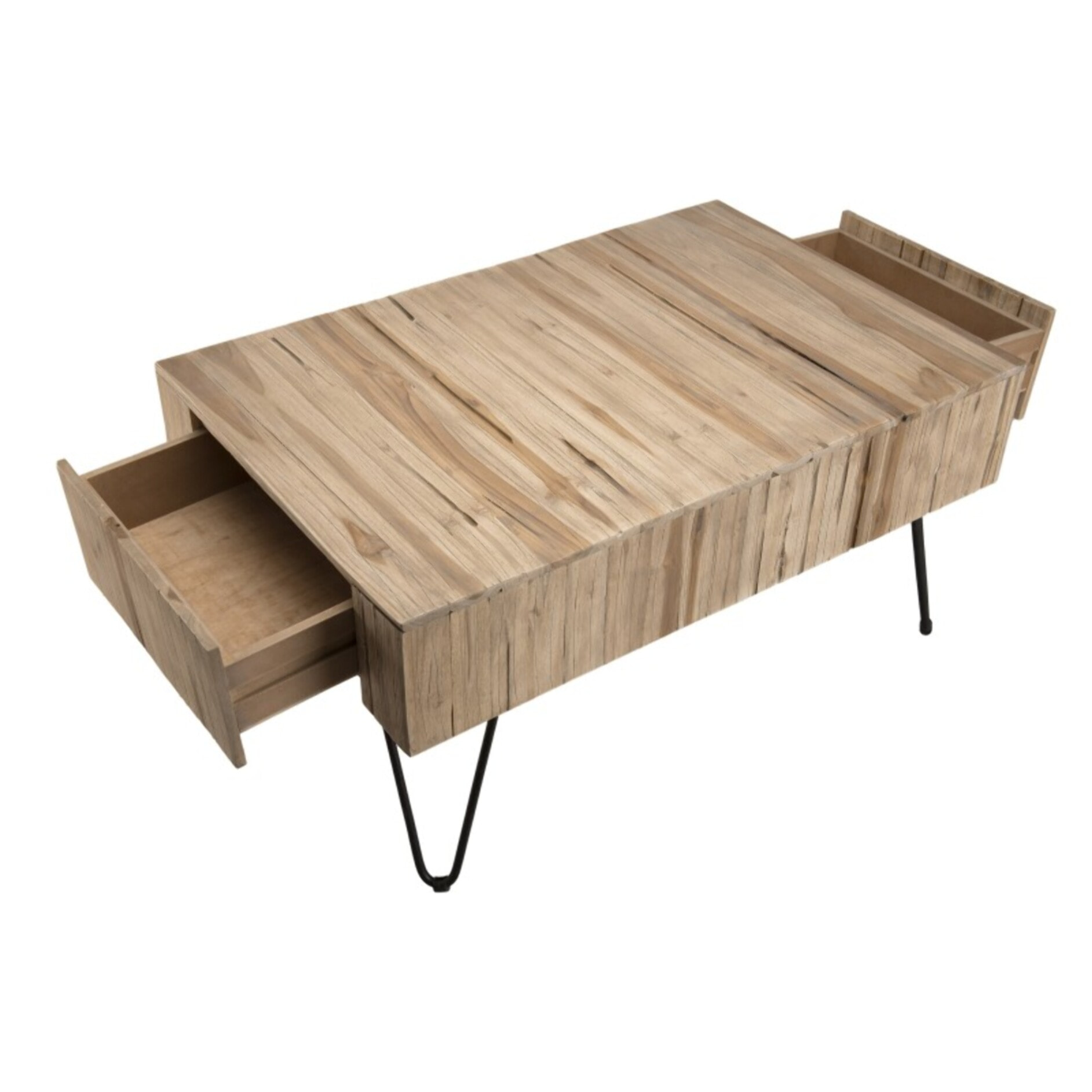 CLARA - Table basse rectangulaire 2 tiroirs branches bois Teck naturel - pieds épingles scandi métal