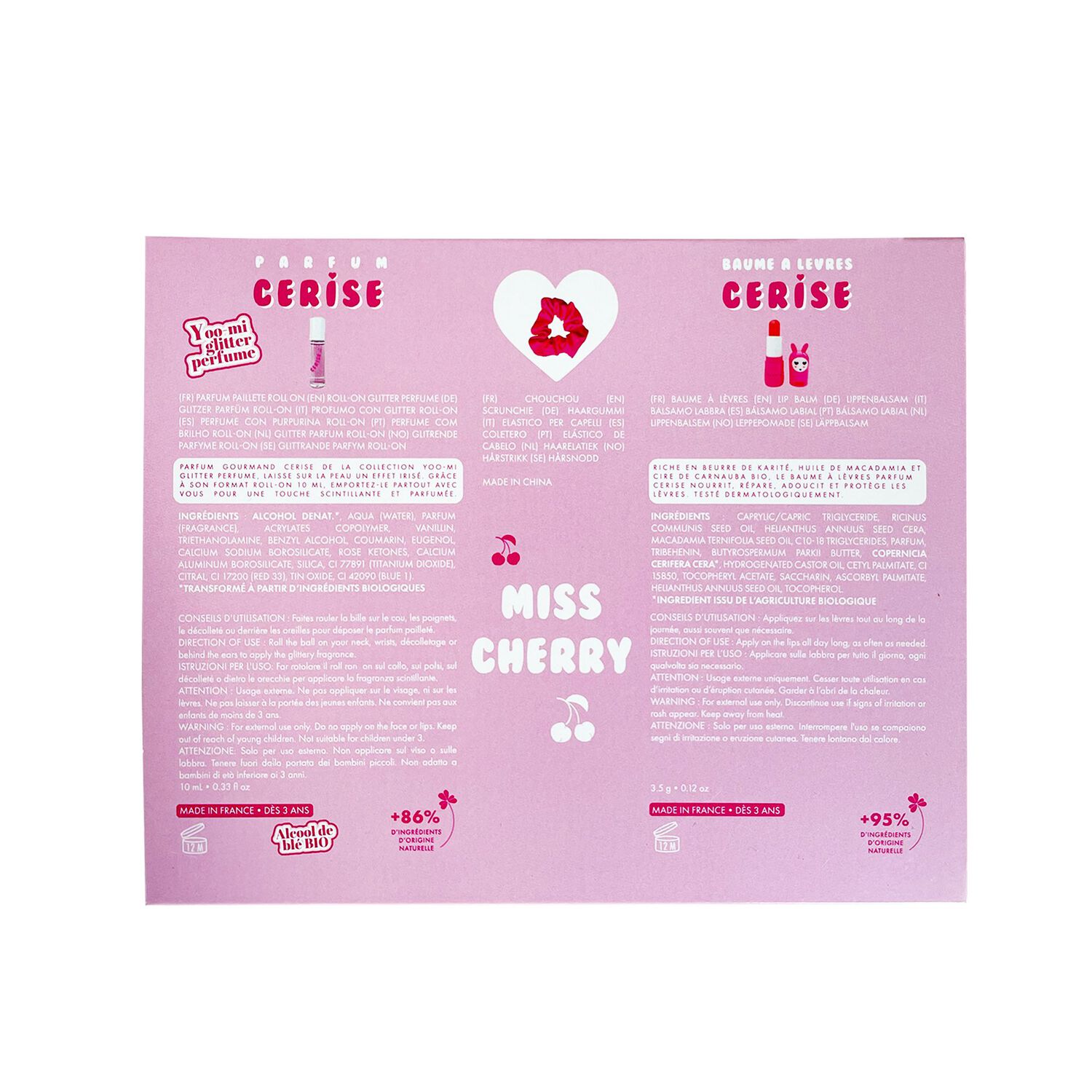 Miss Cherry - Coffret Parfum Roll-On Cerise 10 ml + Baume à Lèvres Cerise + un Chouchou