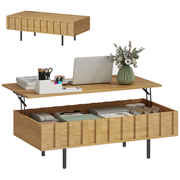 HOMCOM Mesa de Centro Elevable, Mesa de Café para Salón con 2 Compartimentos Ocultos, Patas de Metal para Sala de Estar, Comedor, 110x55x36,5 cm, Roble