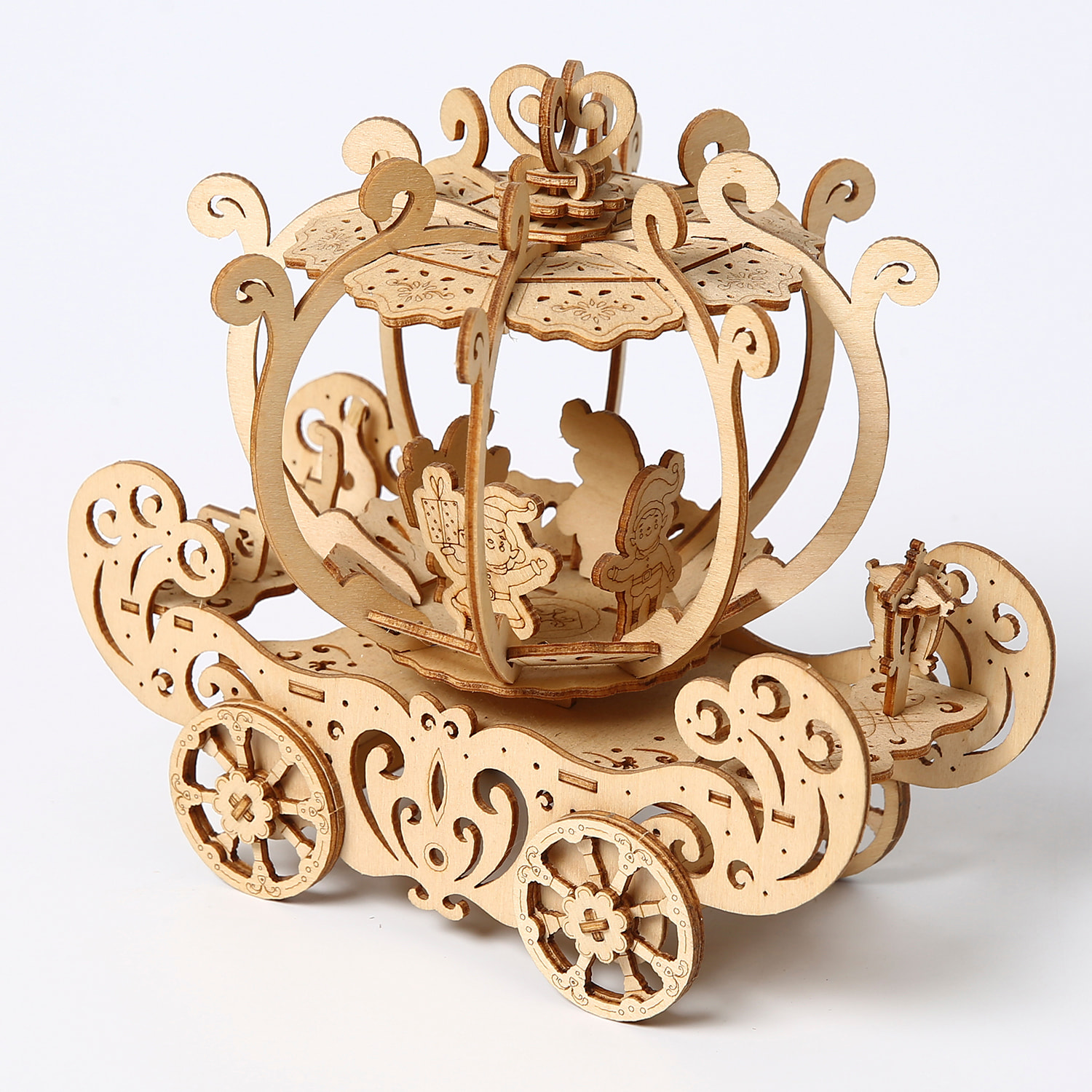 Maqueta de Madera 3D, diseño de Carruaje de calabaza con movimiento mecánico. 82 piezas.