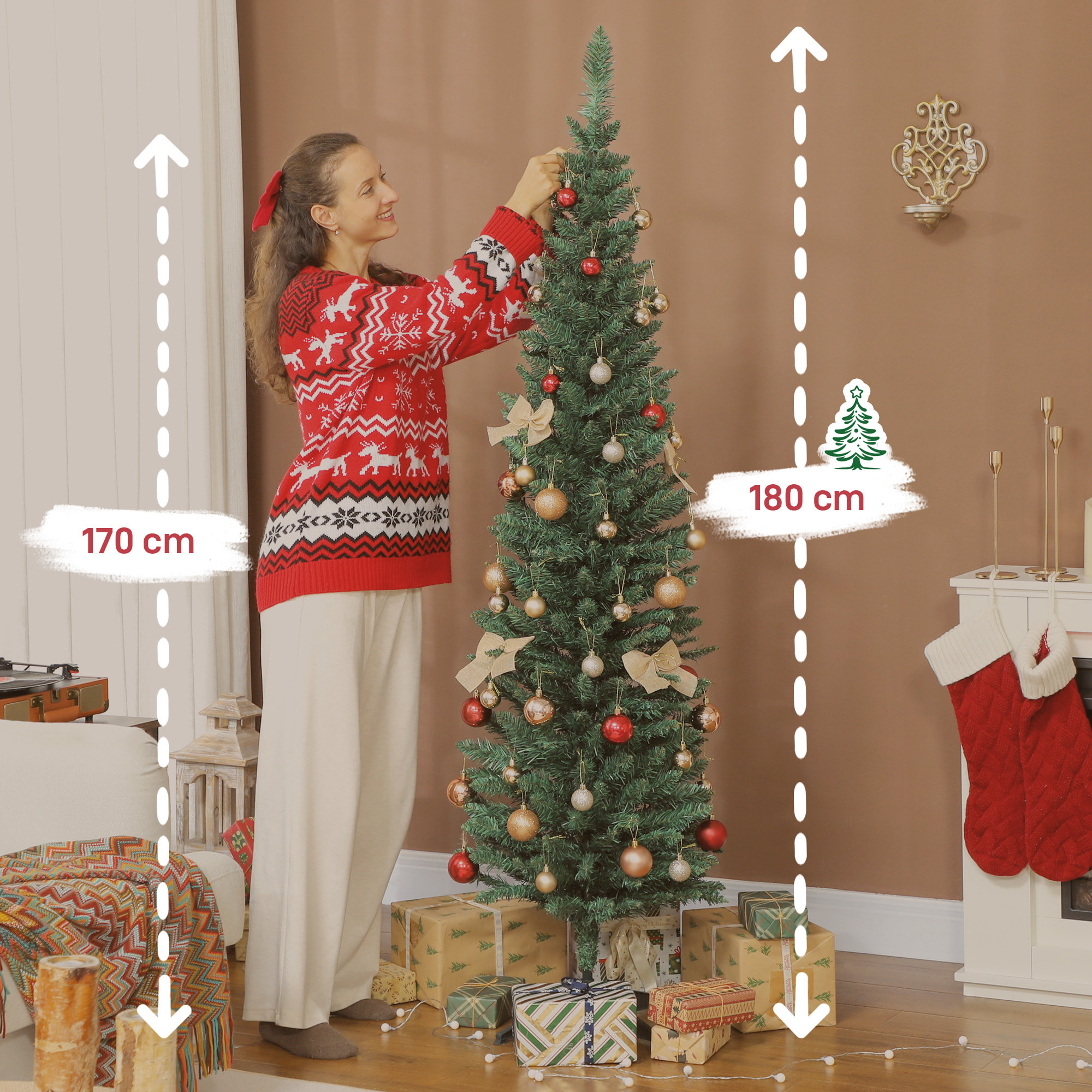 Árbol de Navidad Estrecho 180 cm, Árbol de Navidad Artificial con 321 Ramas, Soporte Metálico, Fácil de Montar, Decoración para Interior, Hogar, Oficina, Verde