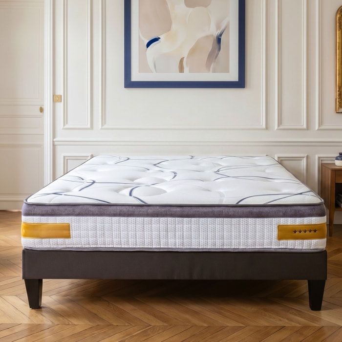 Ensemble Matelas Copenhague & Sommier KIT15, 24 cm, Technologie tri-lattes, Soutien Ferme, Aération Optimale