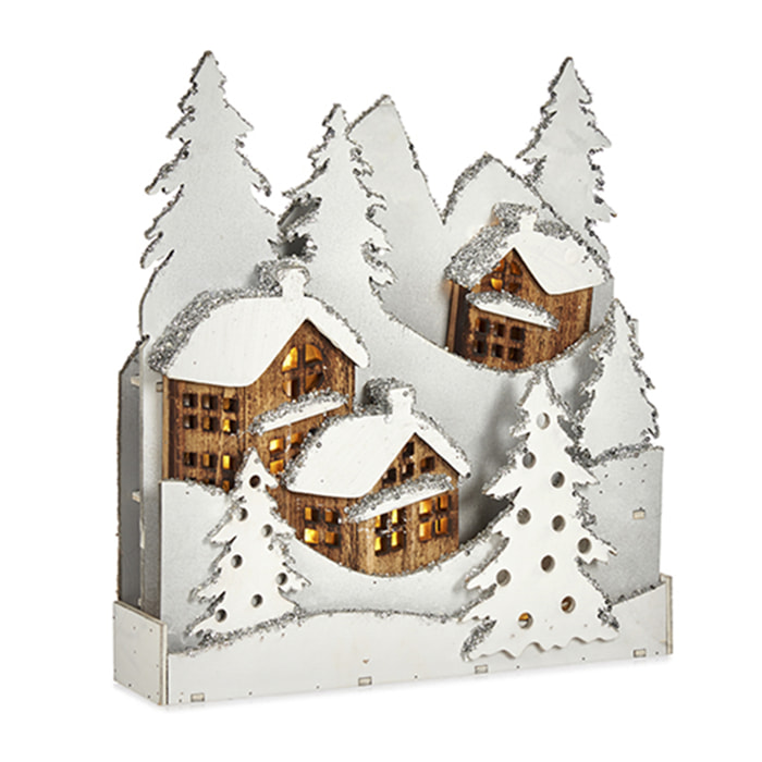 Figura pueblo de madera blanca con árbol de purpurina.