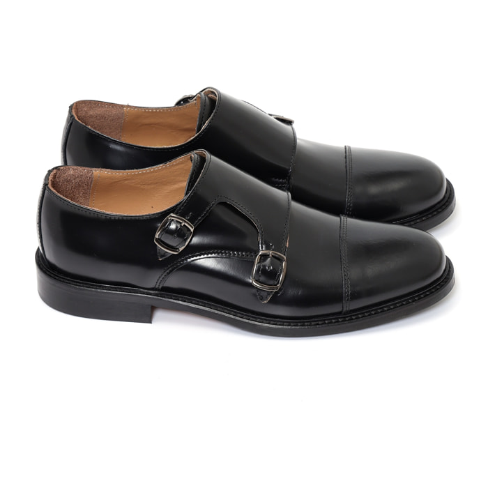 Mocassini doppia fibbia in pelle abrasivata con fondo in cuoio antiscivolo nero