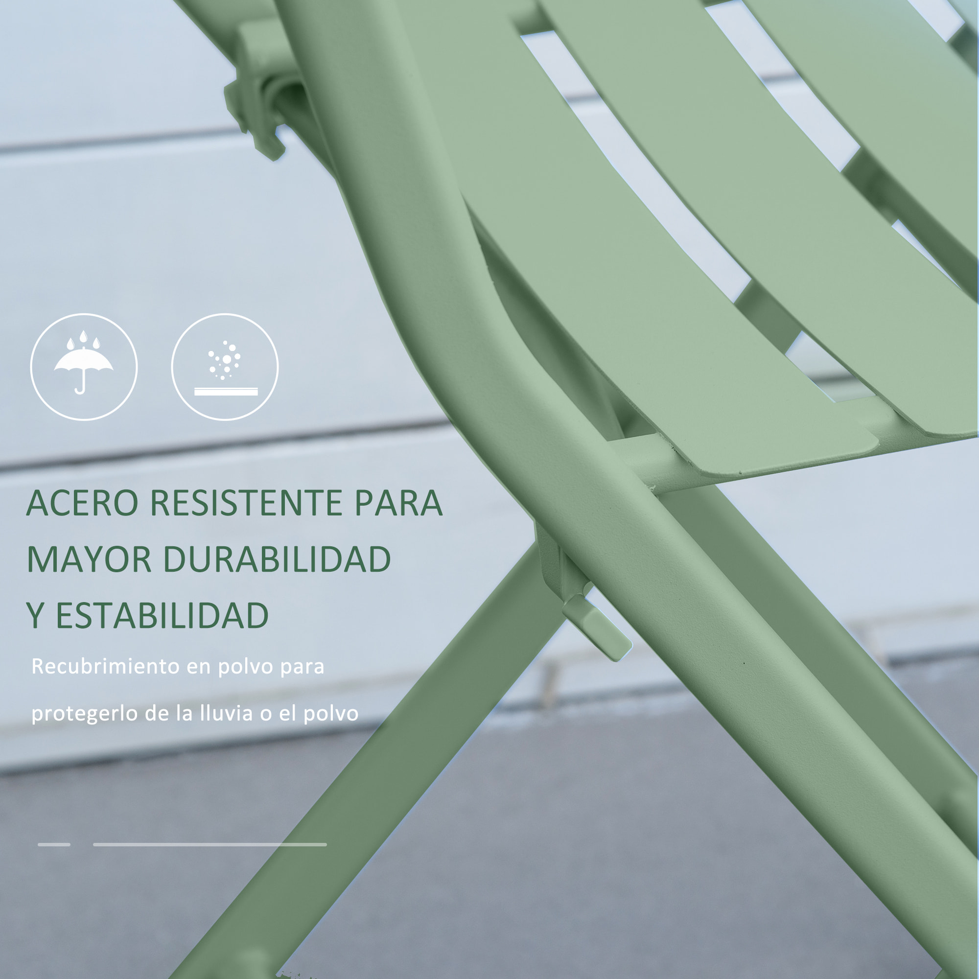 Conjunto de Muebles de Jardín Plegable Juego de 1 Mesa Redondo y 2 Sillas de Terraza con Marco de Acero y Respaldo para Balcón Patio Verde Oscuro