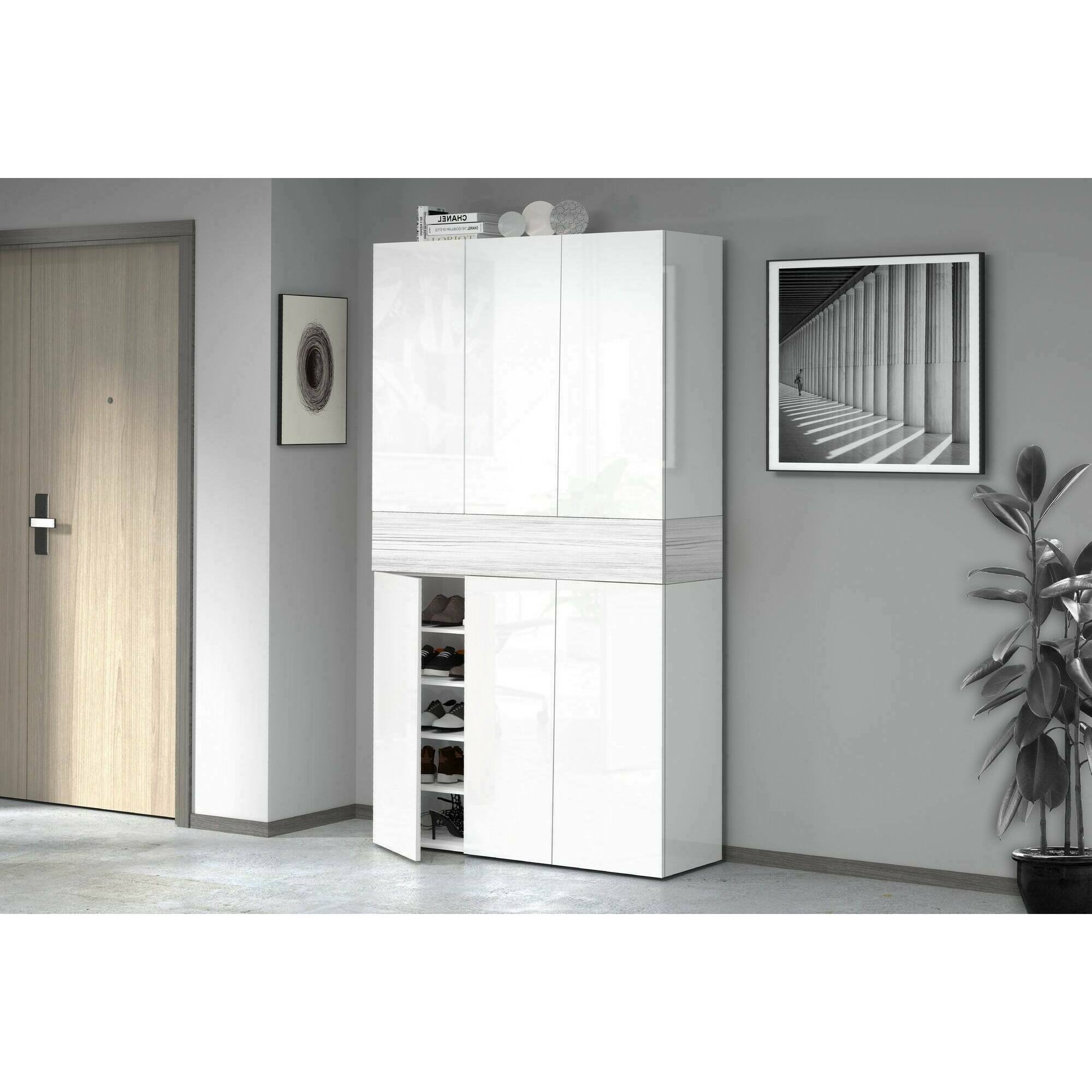 Scarpiera Dcancellier, Porta scarpe salvaspazio a 7 ante, Armadio multifunzione da ingresso, 114x38h200 cm, Bianco effetto larice