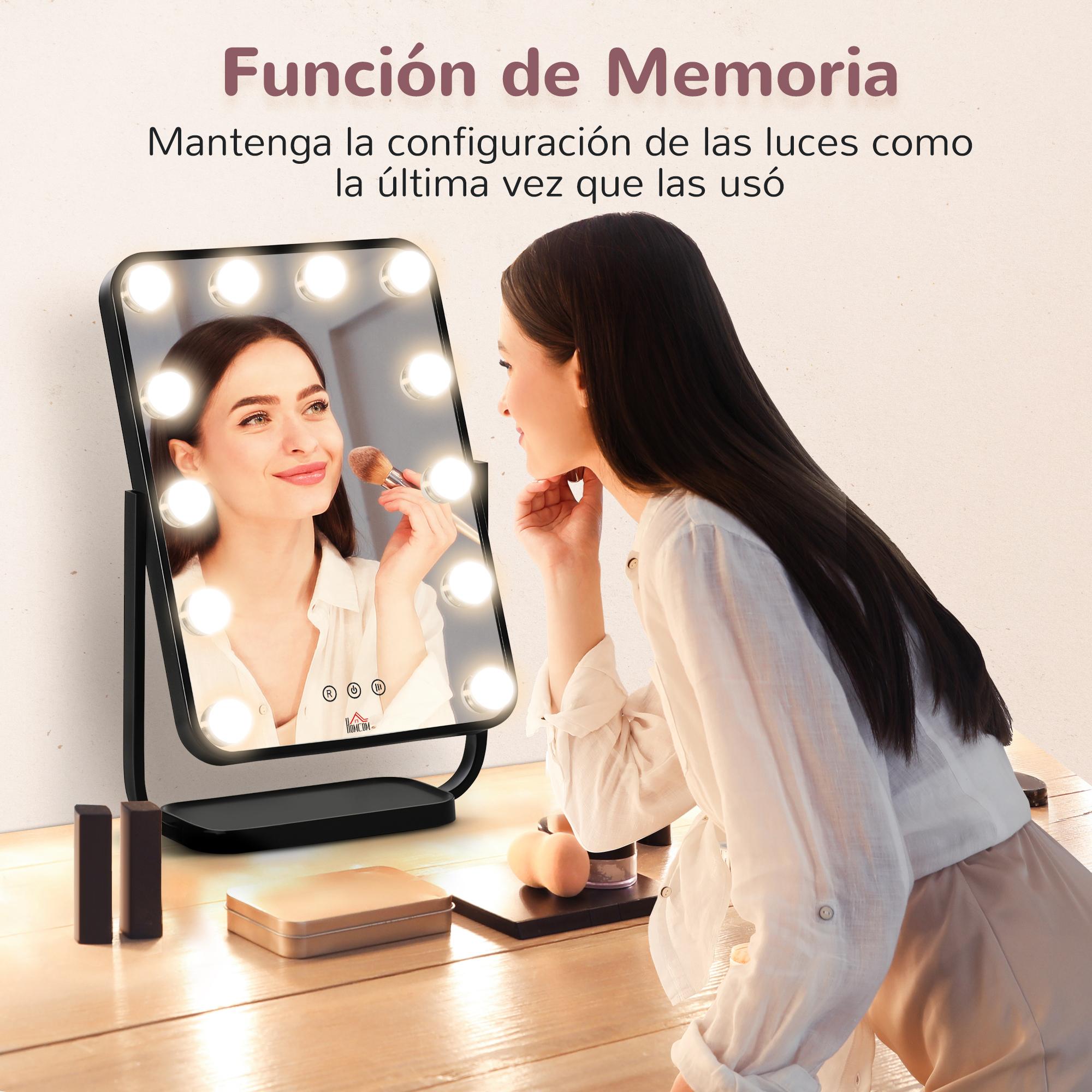 Espejo de Maquillaje con Luz Espejo Hollywood de Mesa con 12 LED 3 Modos y Luz Ajustable Pantalla Táctil y Función de Memoria para Dormitorio Baño 32,8x11x47,4 cm Negro