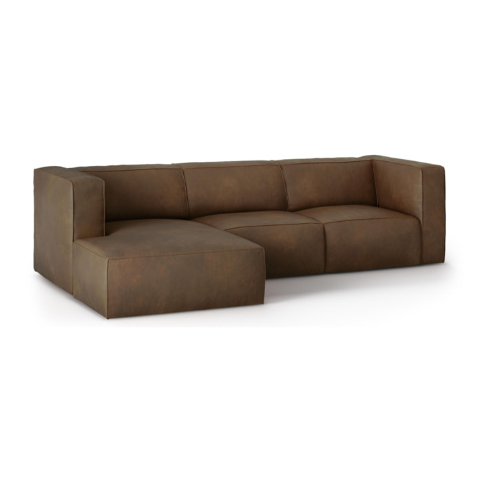 Canapé d'angle gauche ''Muse'' 5 places en cuir véritable marron foncé