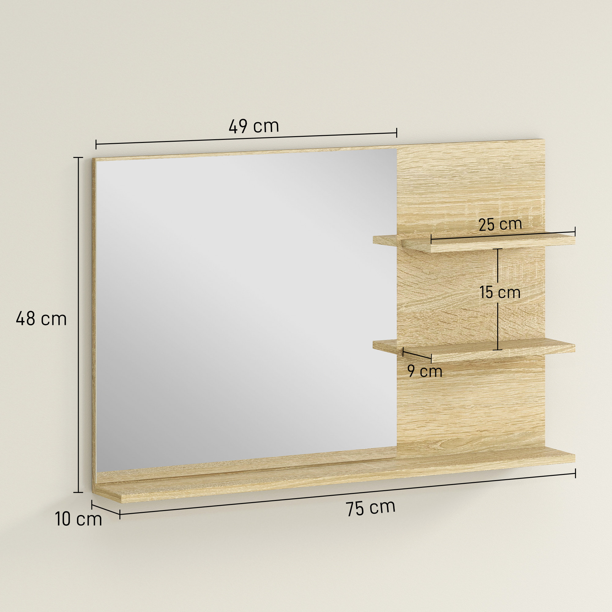Espejo de Baño con 2 Estantes Laterales y Estante Inferior, Espejo de Pared, Estilo Moderno, para Entrada, Pasillo, 75x10x48 cm, Madera Natural