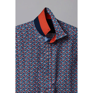 Camicia Uomo 1 Bottoni Button Down Slim Popeline Stampato Bianco/Celeste