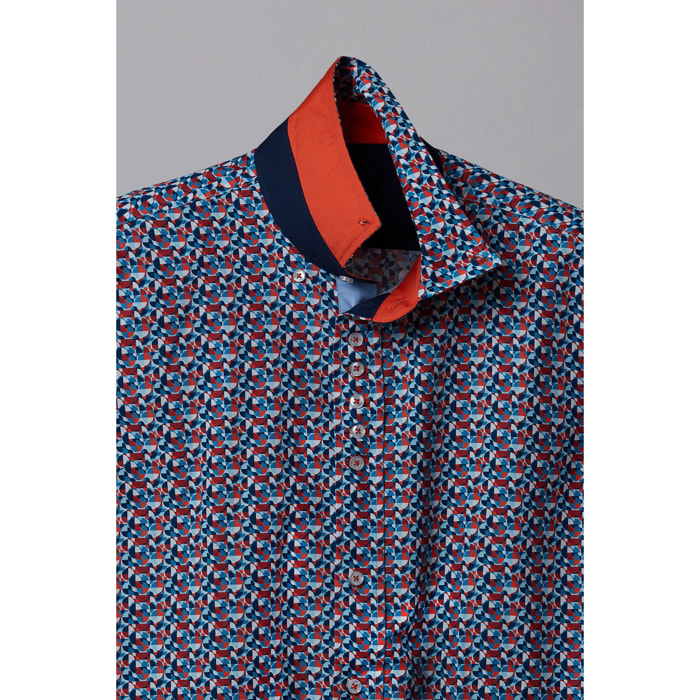 Camicia Uomo 1 Bottoni Button Down Slim Popeline Stampato Bianco/Celeste